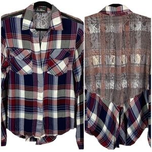 SAM Edelman Riley Blue Red Plaid Lace Back Button Down Shirt Medium